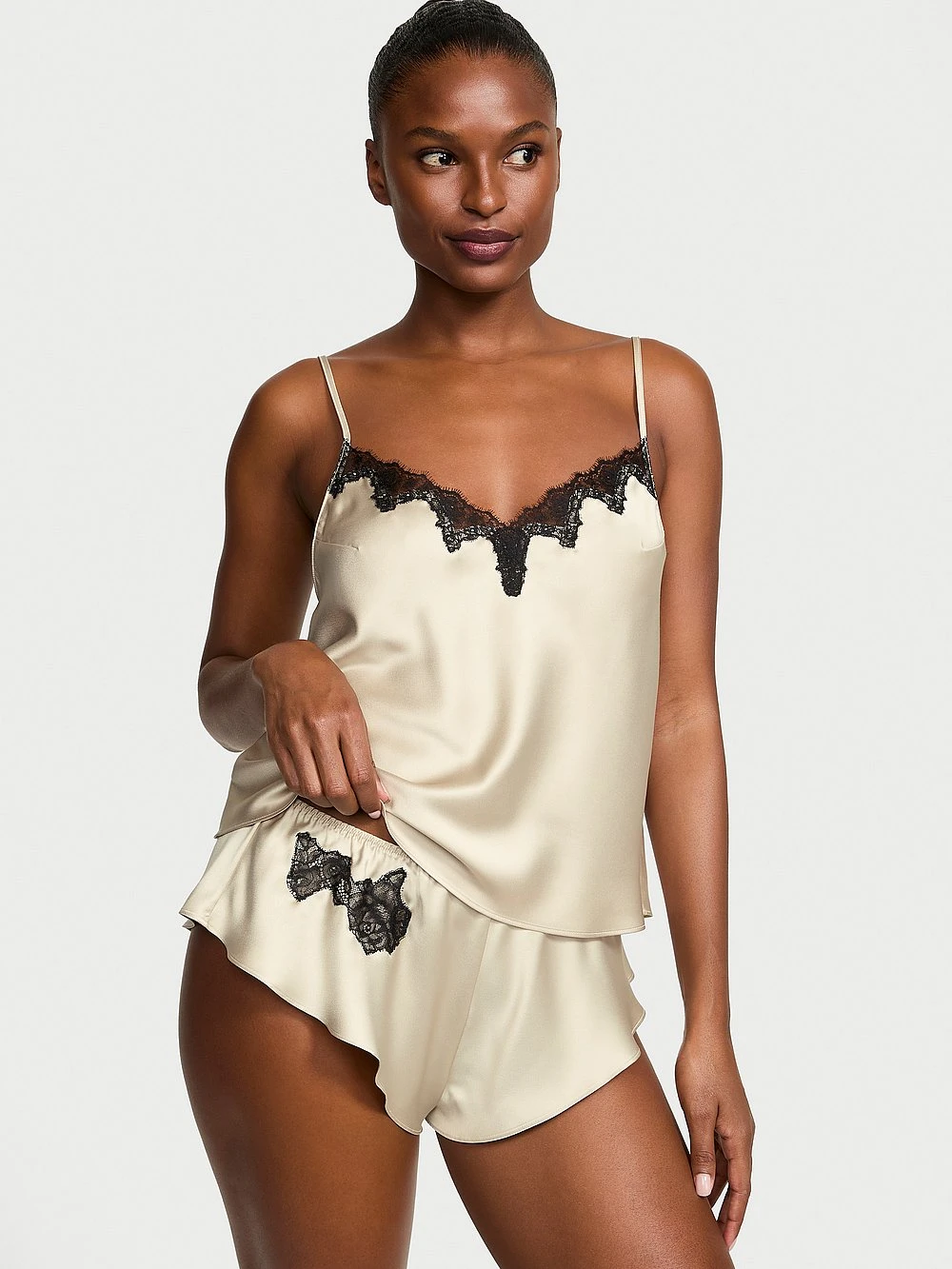 Victoria's Secret Satin Rose Lace-Trim Cami & Flutter Short Set 1 Victoria's Secret Satin Rose Lace-Trim Cami & Flutter Short Set