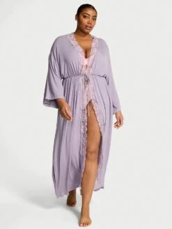 Victoria's Secret Ribbed Modal Lace-Trim Long Robe