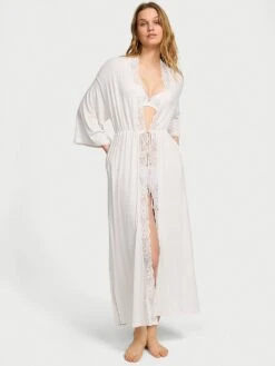Victoria's Secret Ribbed Modal Lace-Trim Long Robe -Underwear Promotional Store 1126264434Y5 OM F
