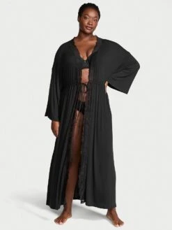 Victoria's Secret Ribbed Modal Lace-Trim Long Robe -Underwear Promotional Store 1126264454A2 OM F