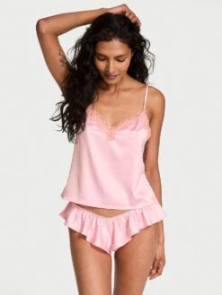 Victoria's Secret Tease Satin Lace-Trim Cami & Flutter Shorts Set 20 Victoria's Secret Tease Satin Lace-Trim Cami & Flutter Shorts Set -Underwear Promotional Store 112650577BKC OM F